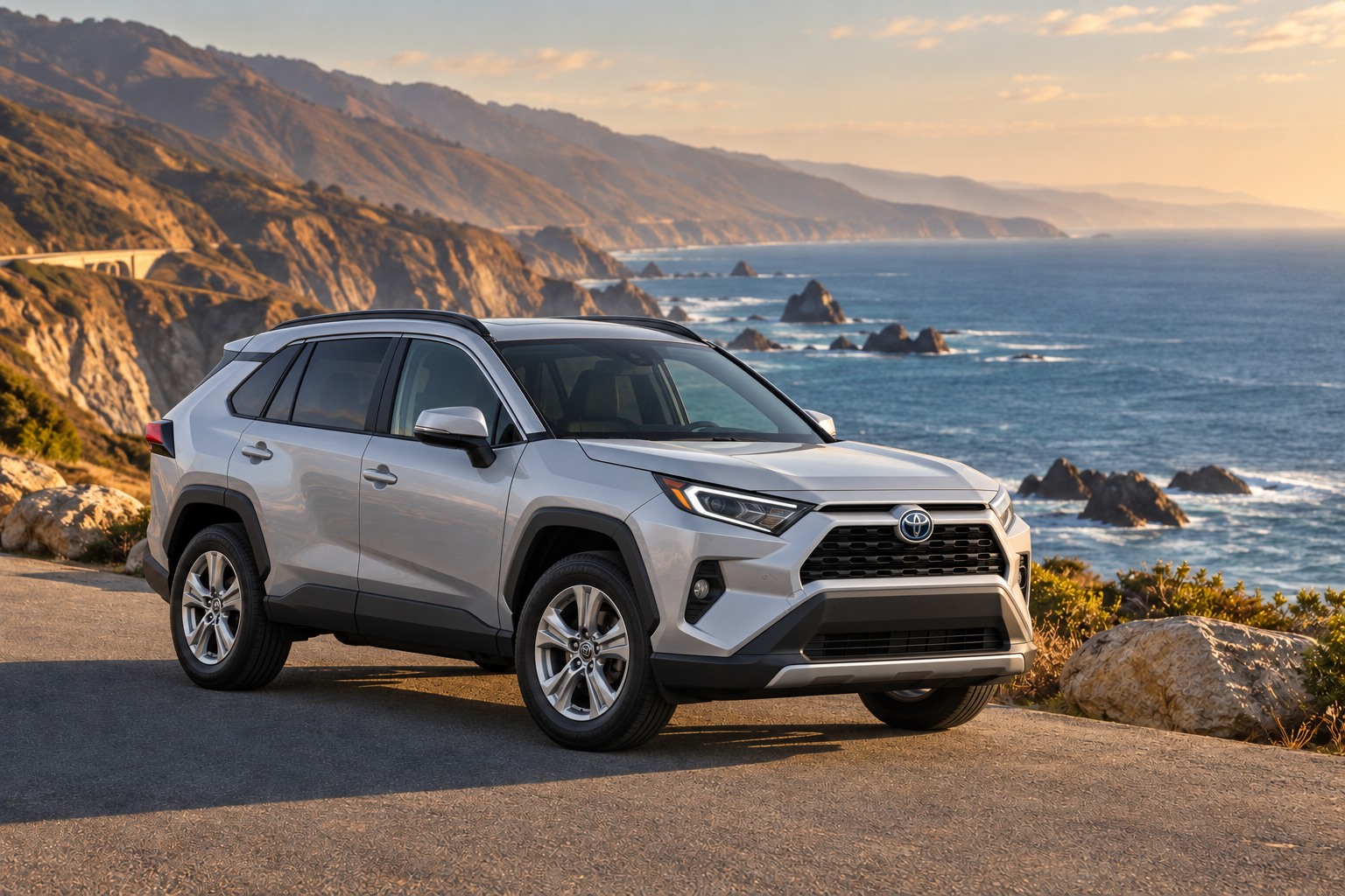Silver Toyota RAV4 overlooking a sunlit beach and coastal cliffs